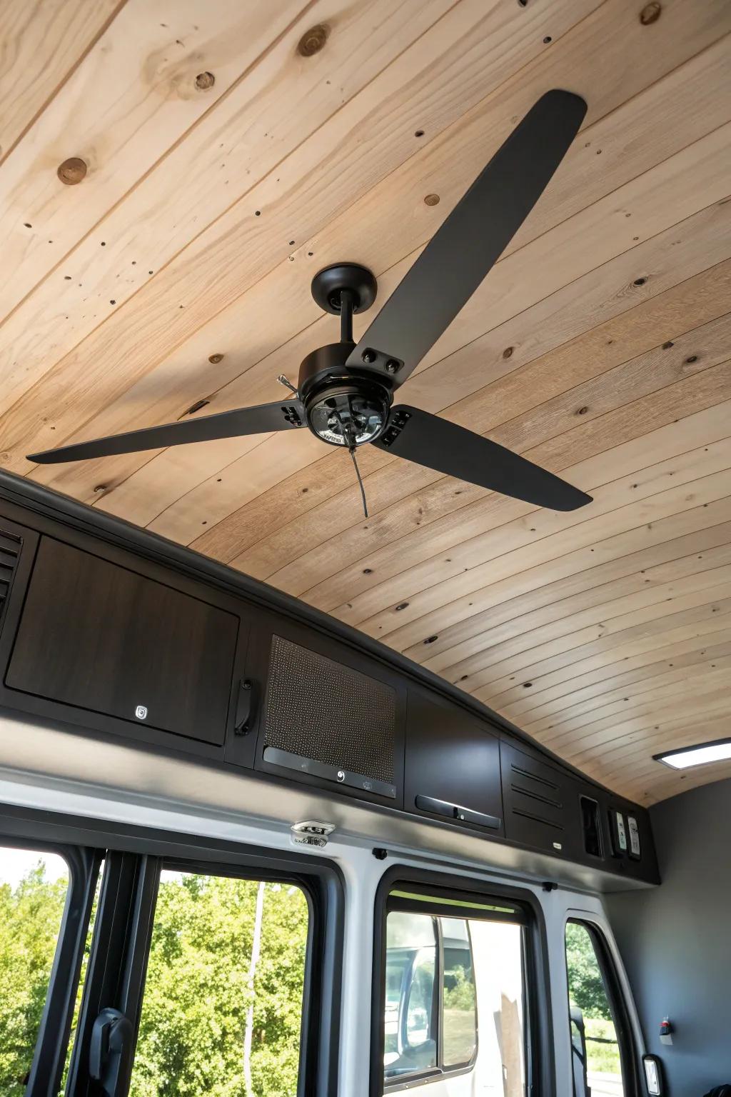 Elevate your van life with a touch of class: Experience ultimate comfort with a stylish ceiling fan.