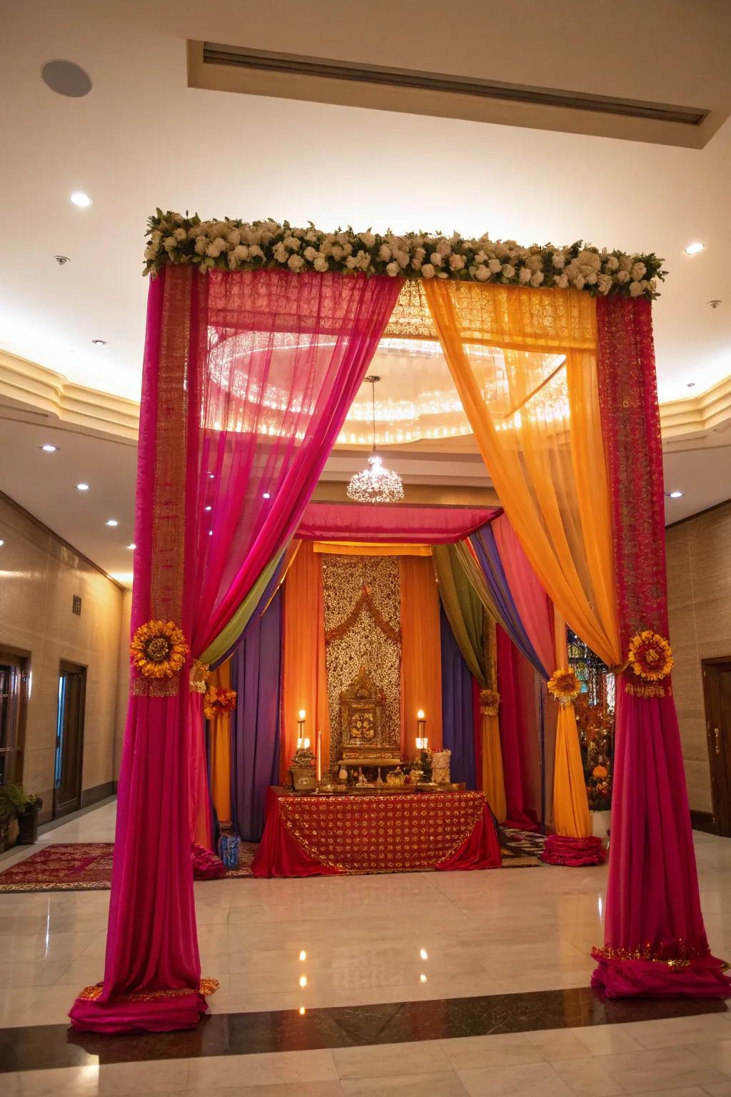 Jewel-toned drapes infusing vibrant colors into the Varalakshmi Vratam setting.