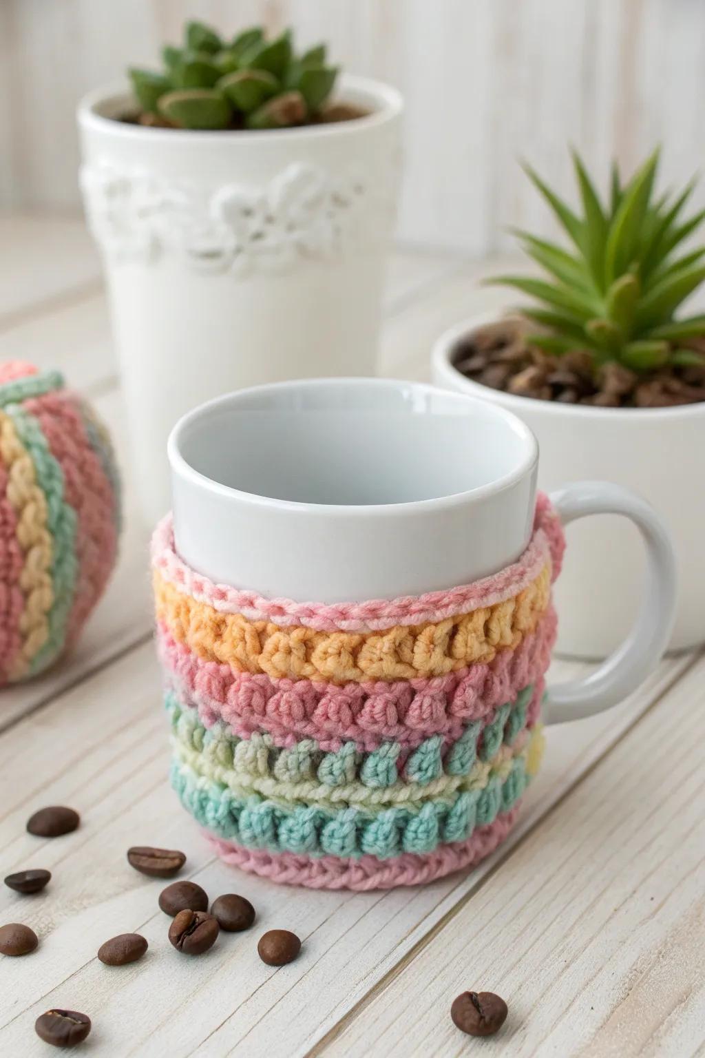 Add a splash of color to your coffee ritual with this vibrant variegated yarn cup cozy, where simplicity meets boho charm.