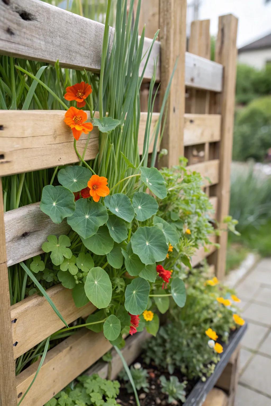 Elevate your outdoor space with a touch of craftsmanship: a vertical pallet garden bursting with edible blooms.