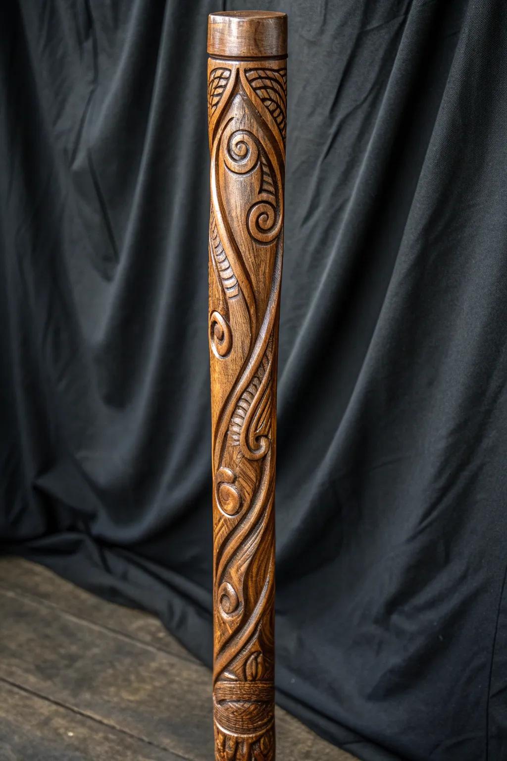 Embrace the art of abstraction with this masterfully carved walking stick, where each swirl and line tells a story of boundless creativity.