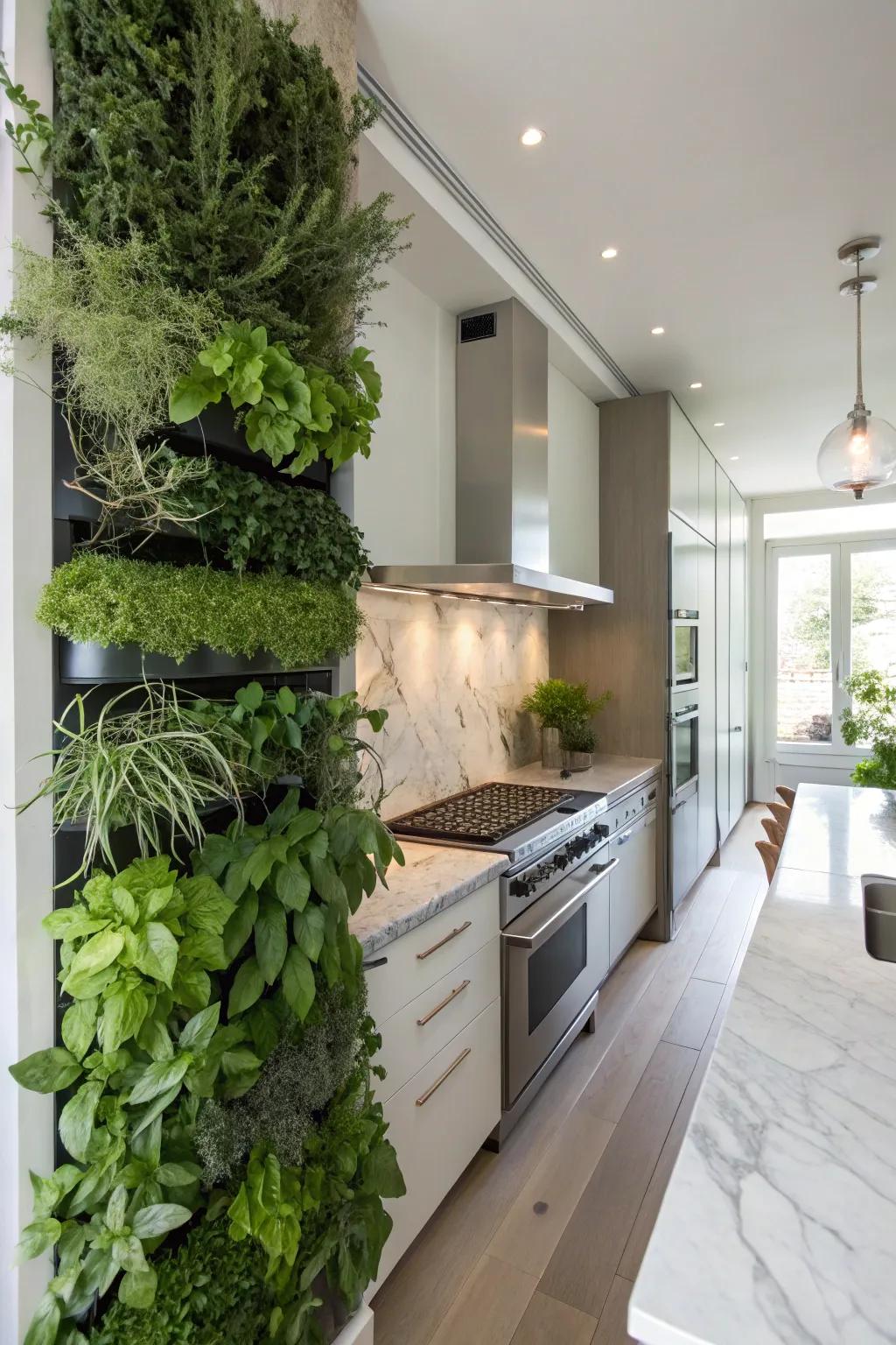 A gourmet kitchen enhanced by a vertical herb garden, blending practicality with beauty.