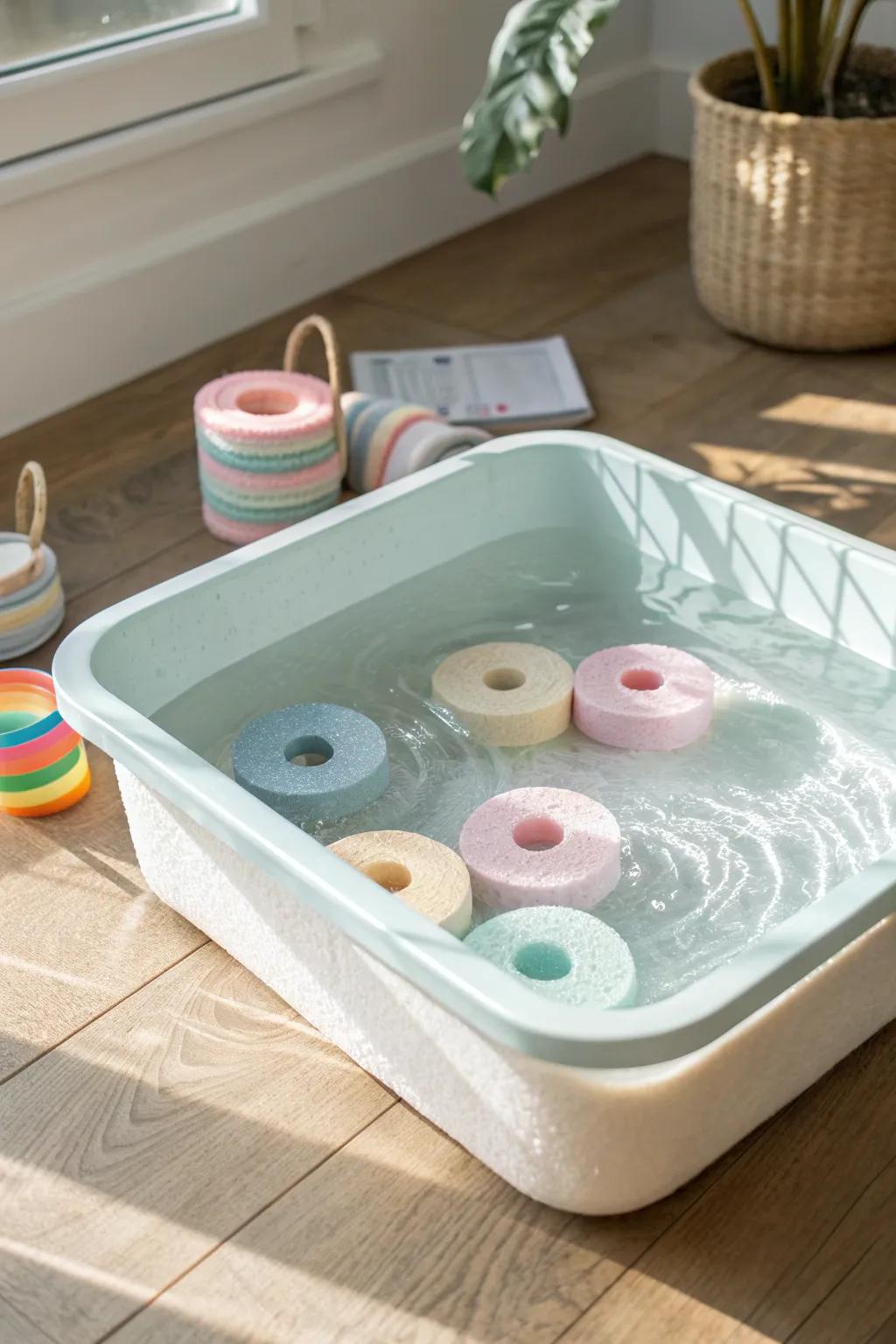 Unleash the giggles with floating noodle towers in a minimalist water play bin!