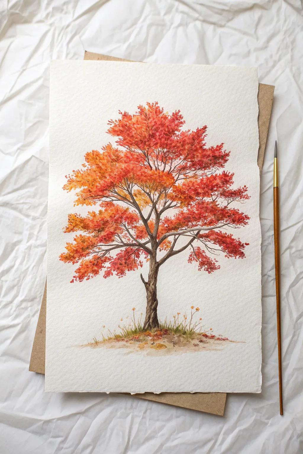 Capture the seasonal splendor with a minimalist watercolor pencil art of a tree in autumn's embrace.