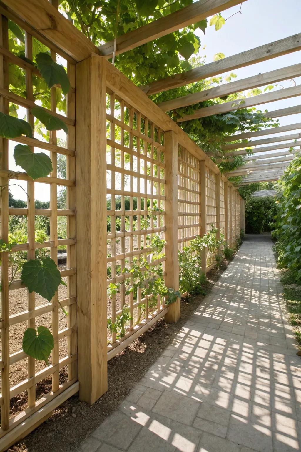 Enhance your garden with a stunning criss-cross lattice trellis, where functionality meets Scandinavian-Boho elegance.