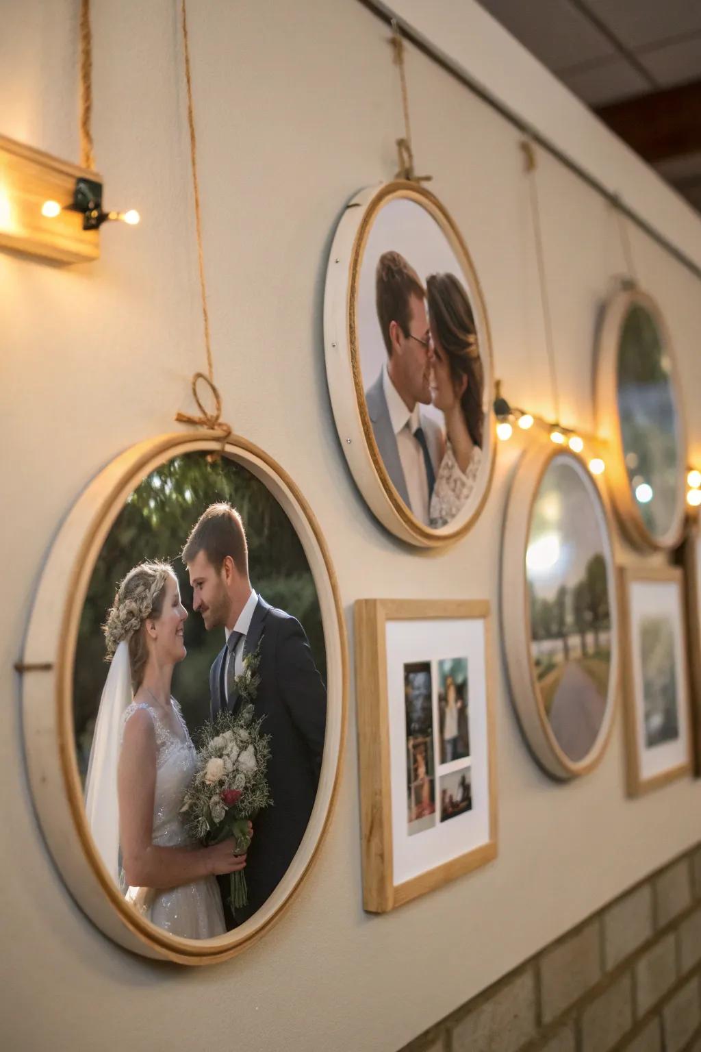 Introduce whimsy with embroidered hoop photo displays.