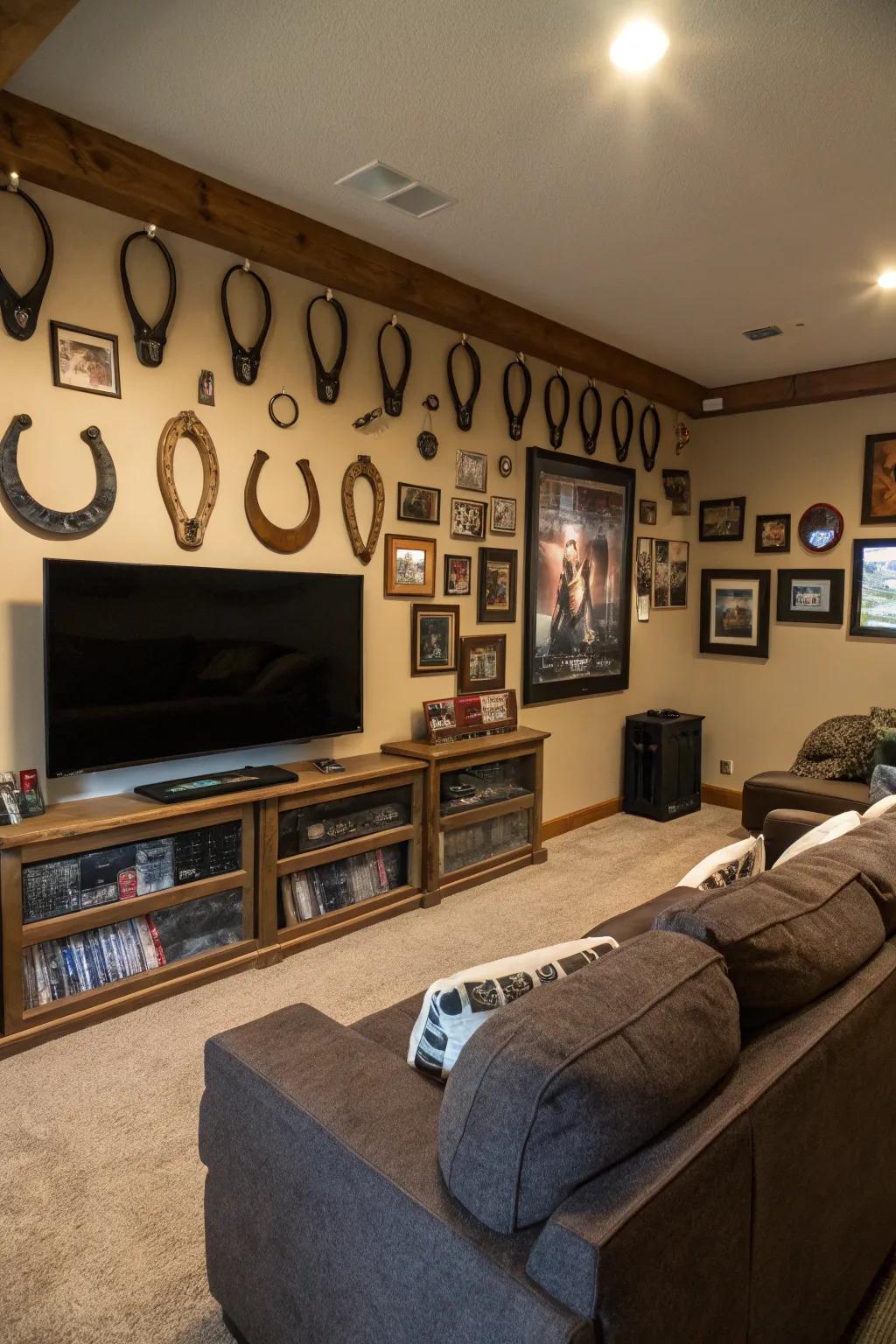 Horseshoe decorations add luck and authenticity.