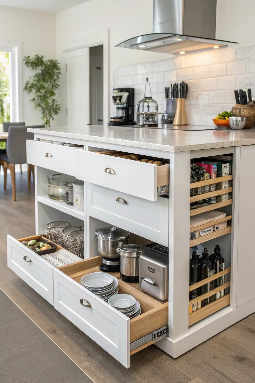 Smart storage solutions that keep this white kitchen island clutter-free.