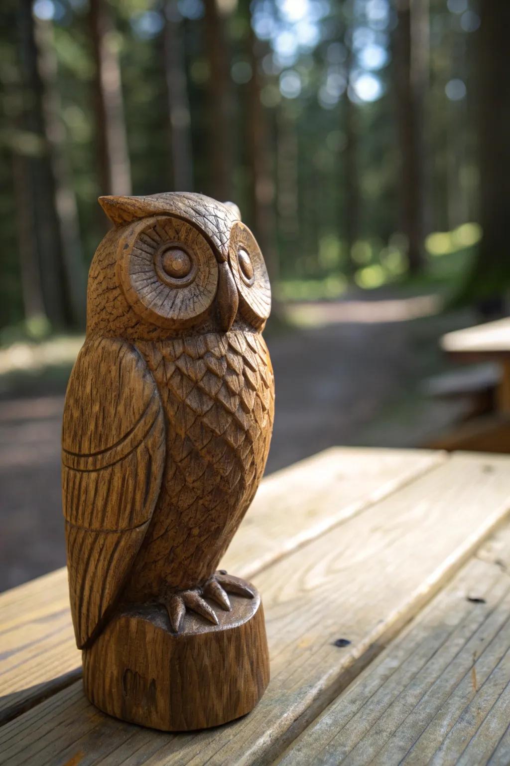 Master the art of whittling with this rustic owl carving, a testament to skill and serenity.