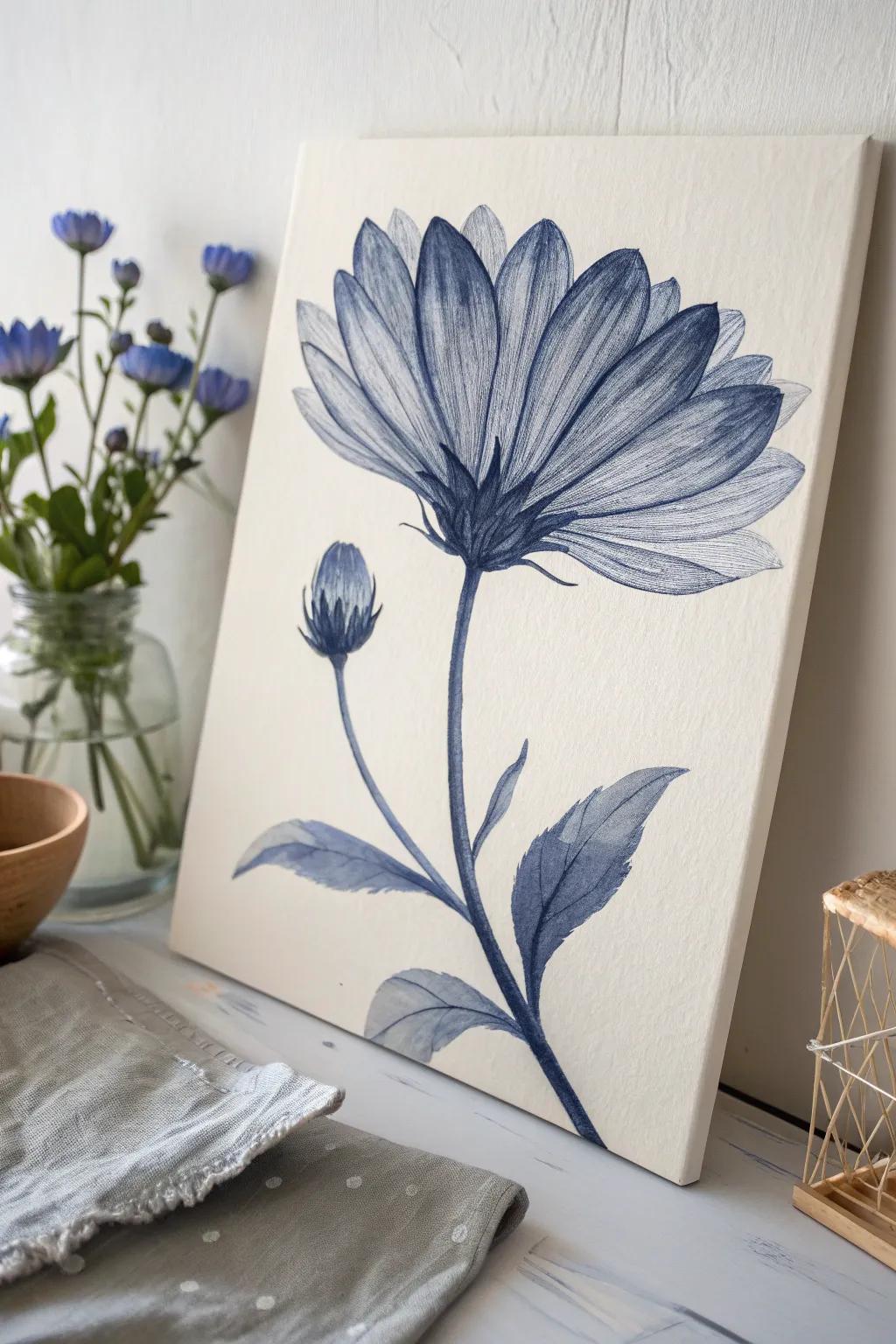 Explore the elegance of simplicity with this monochrome indigo wildflower painting.
