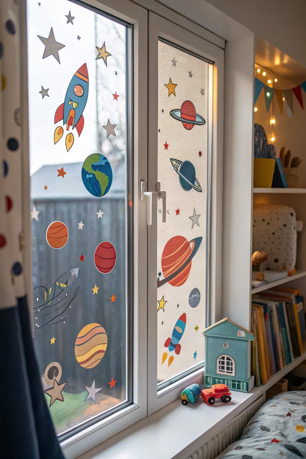 Space-themed clings make kids' dreams come alive.