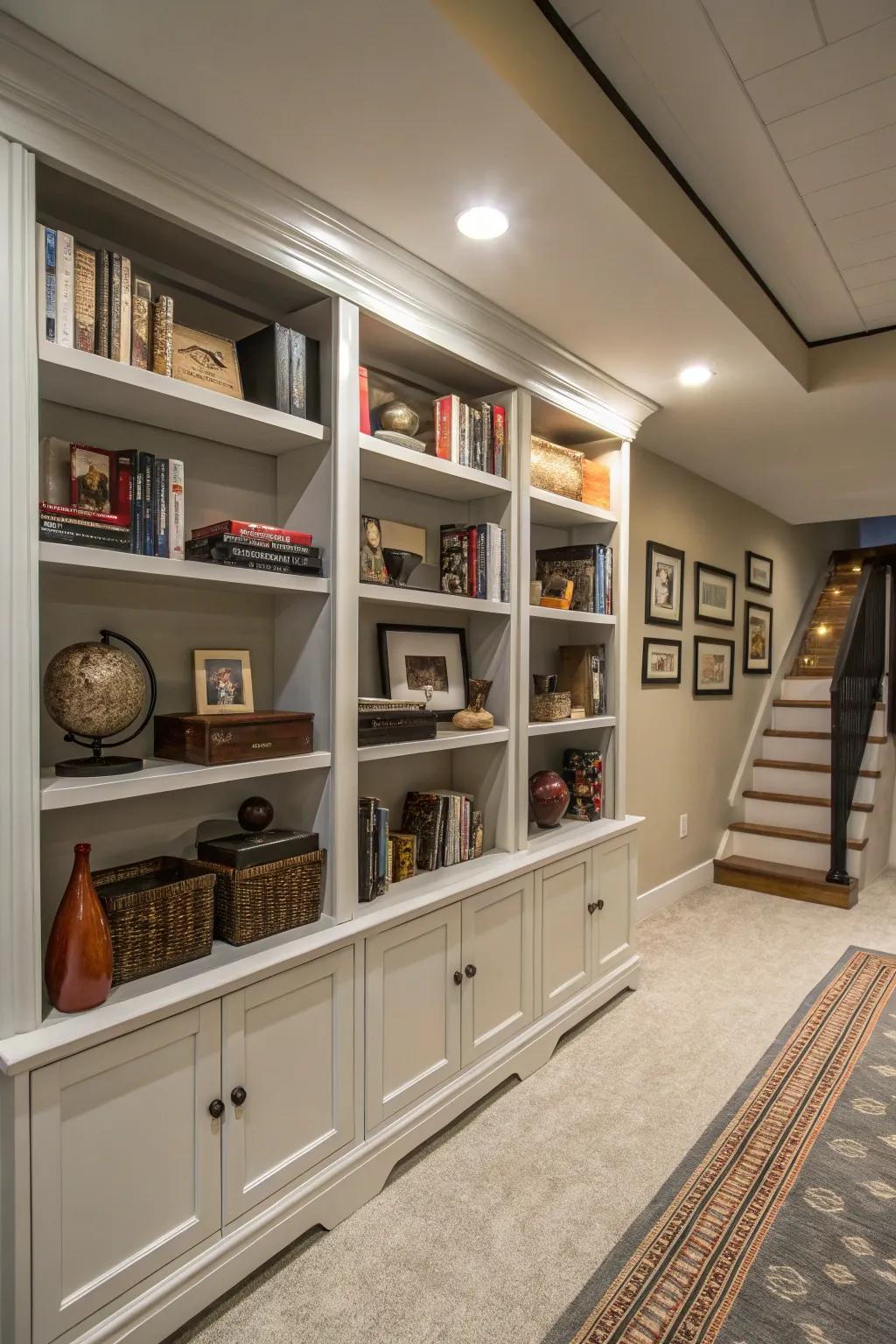 Open shelving keeps a basement organized and stylish.