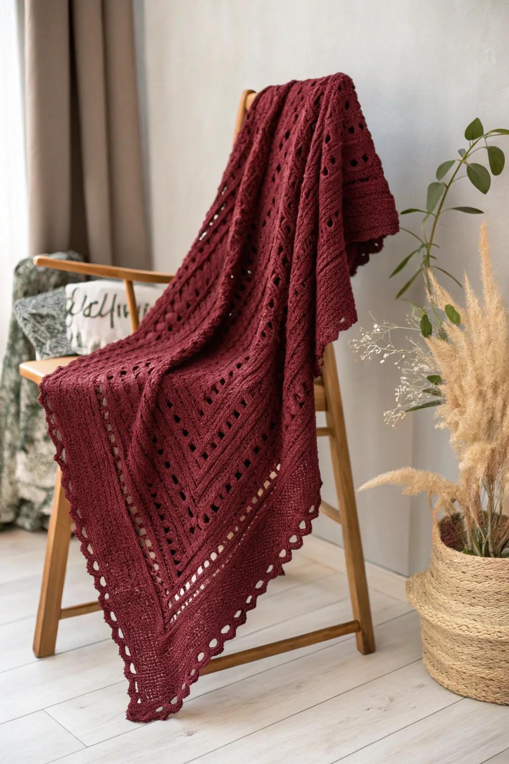 Wrap yourself in warmth and elegance with this handcrafted burgundy shawl. Perfect for adding sophistication to your winter wardrobe.