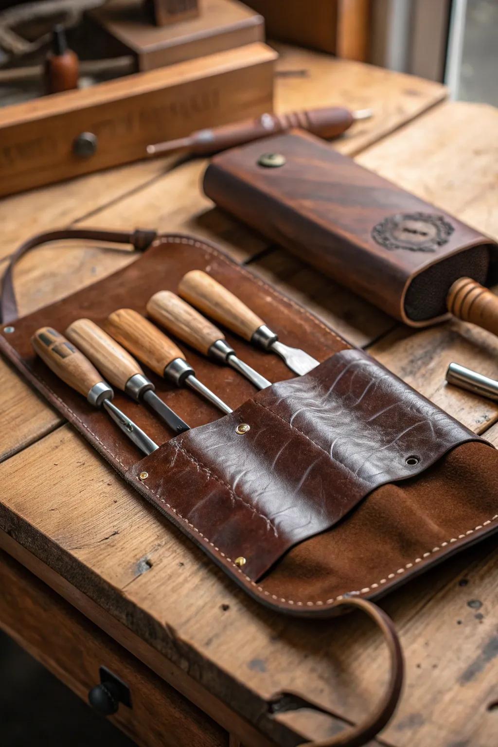 Wrap your tools in luxury with a classic leather tool roll, the perfect blend of style and functionality for the discerning craftsman.