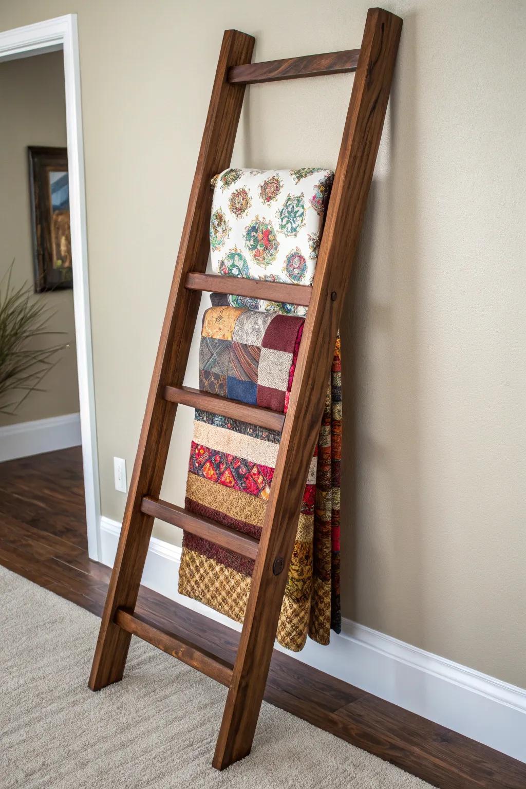 Elevate your living space with this handcrafted blanket ladder, a perfect blend of rustic charm and elegance.