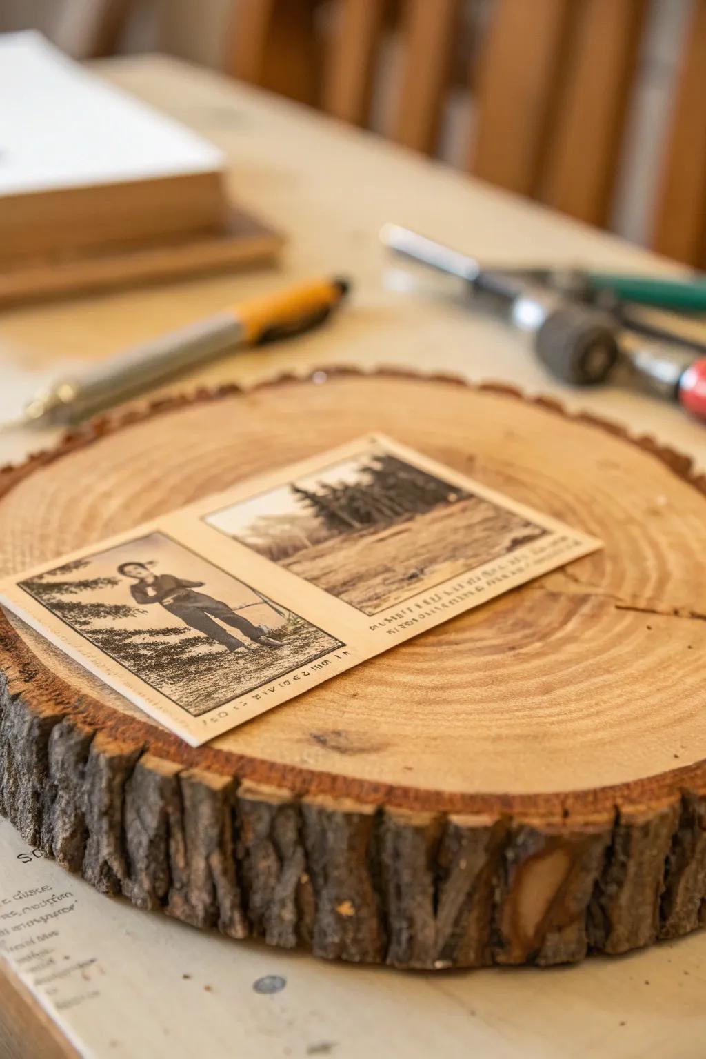 Craft a piece of nostalgia with vintage postcards on wood slices.