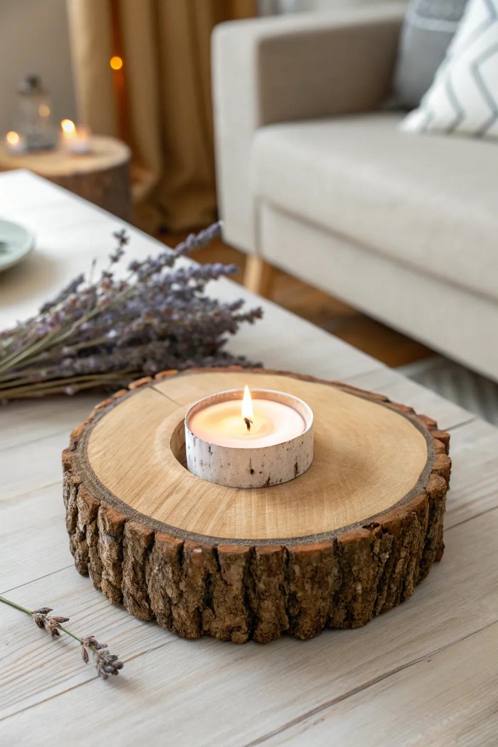 Embrace the warmth and simplicity of nature with this handcrafted wood slice candle holder. Perfect for adding a cozy touch to any minimalist space.