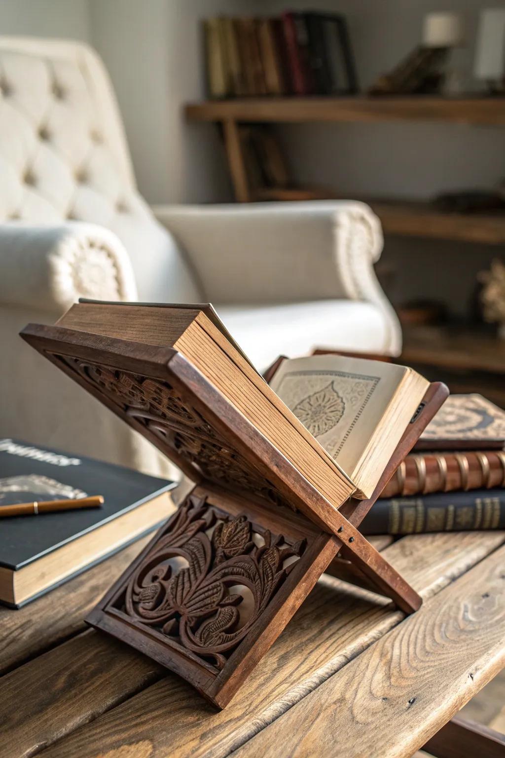 Elevate your reading space with this handcrafted wooden book holder - where function meets artistry.