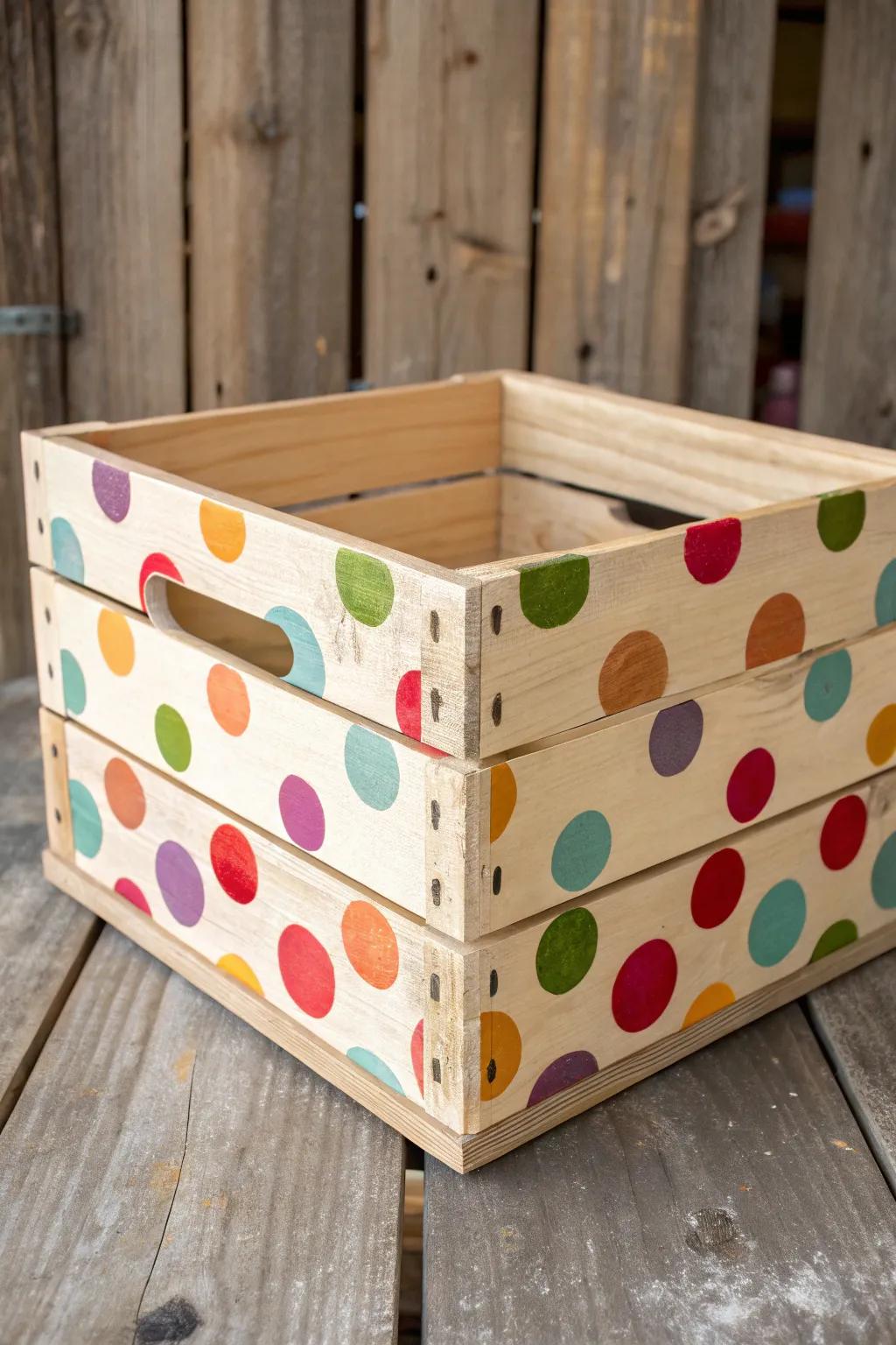 Bring joy to your space with this charming polka-dotted wooden crate, where craftsmanship meets playful design.