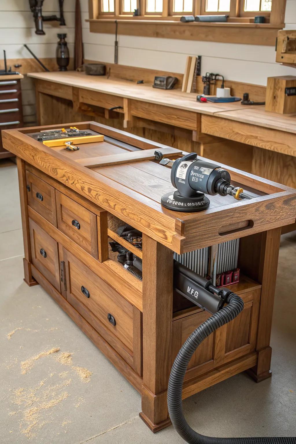 Streamline your woodworking with a workbench that marries tradition and innovation, featuring a seamless dust collection system.
