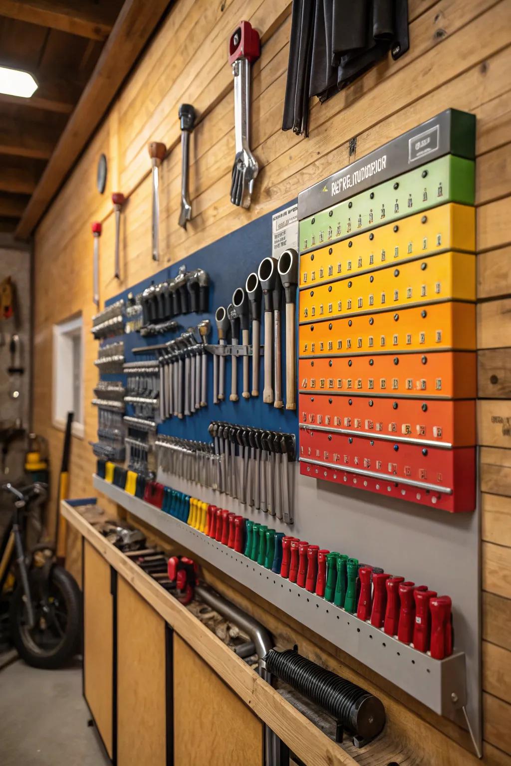 Color-coded storage enhances organization and visual clarity in workshops.