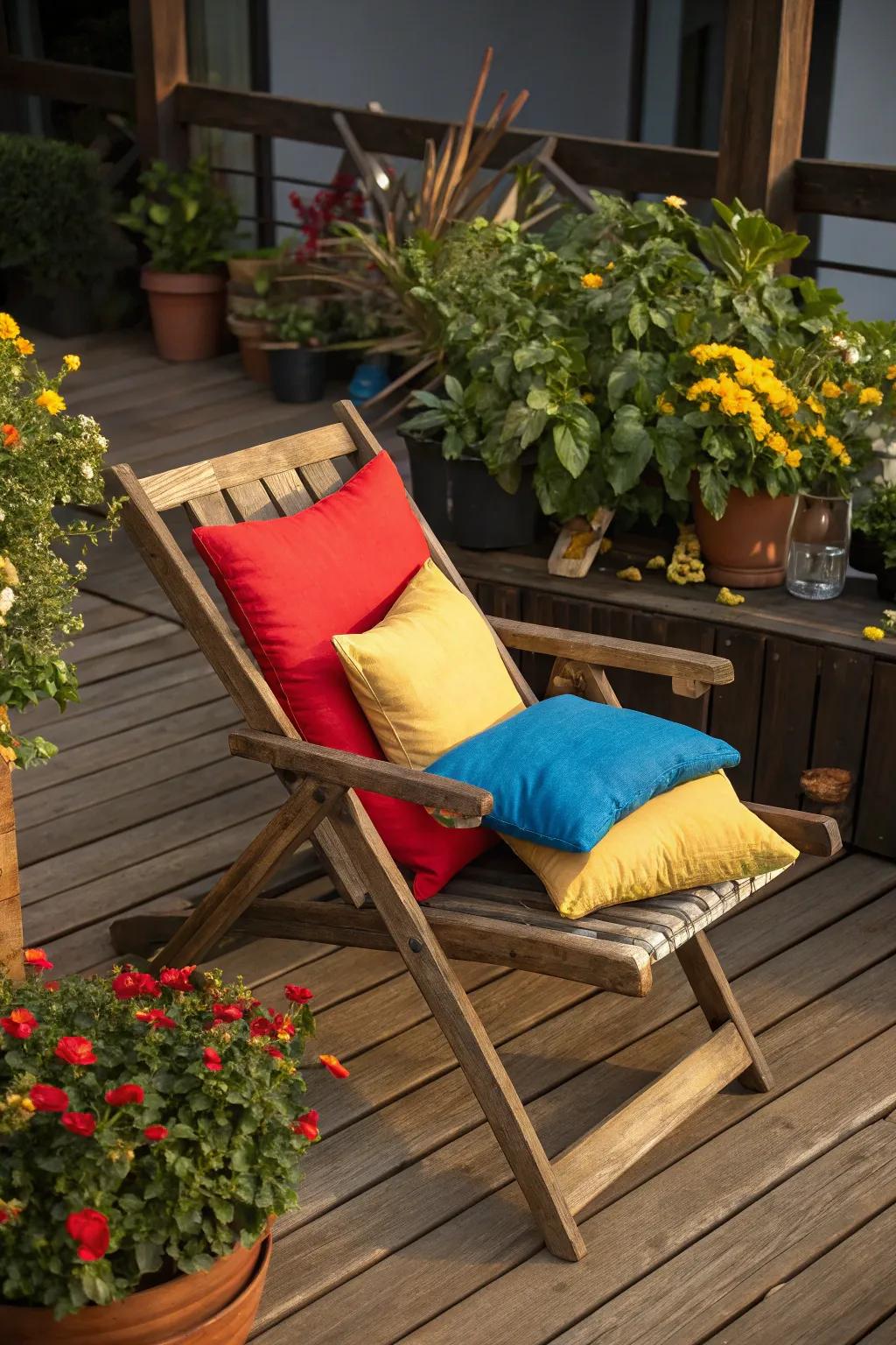 Transform your deck into a vibrant retreat with colorful accents and lush greenery.