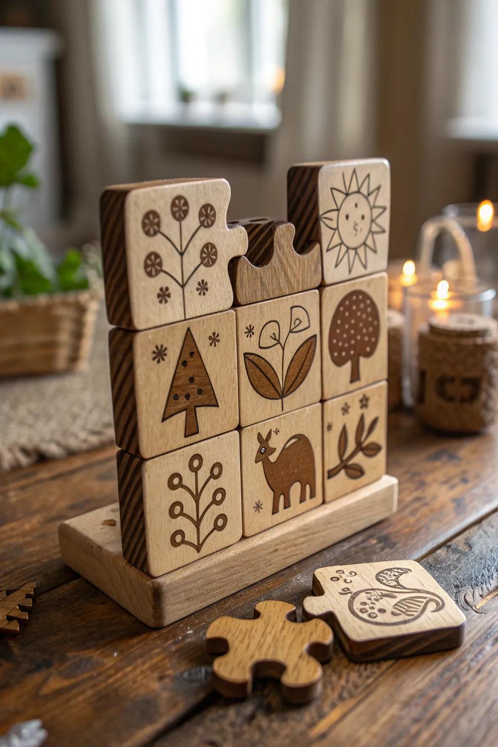 Unlock the charm of handcrafted creativity with these whimsical wooden puzzles.