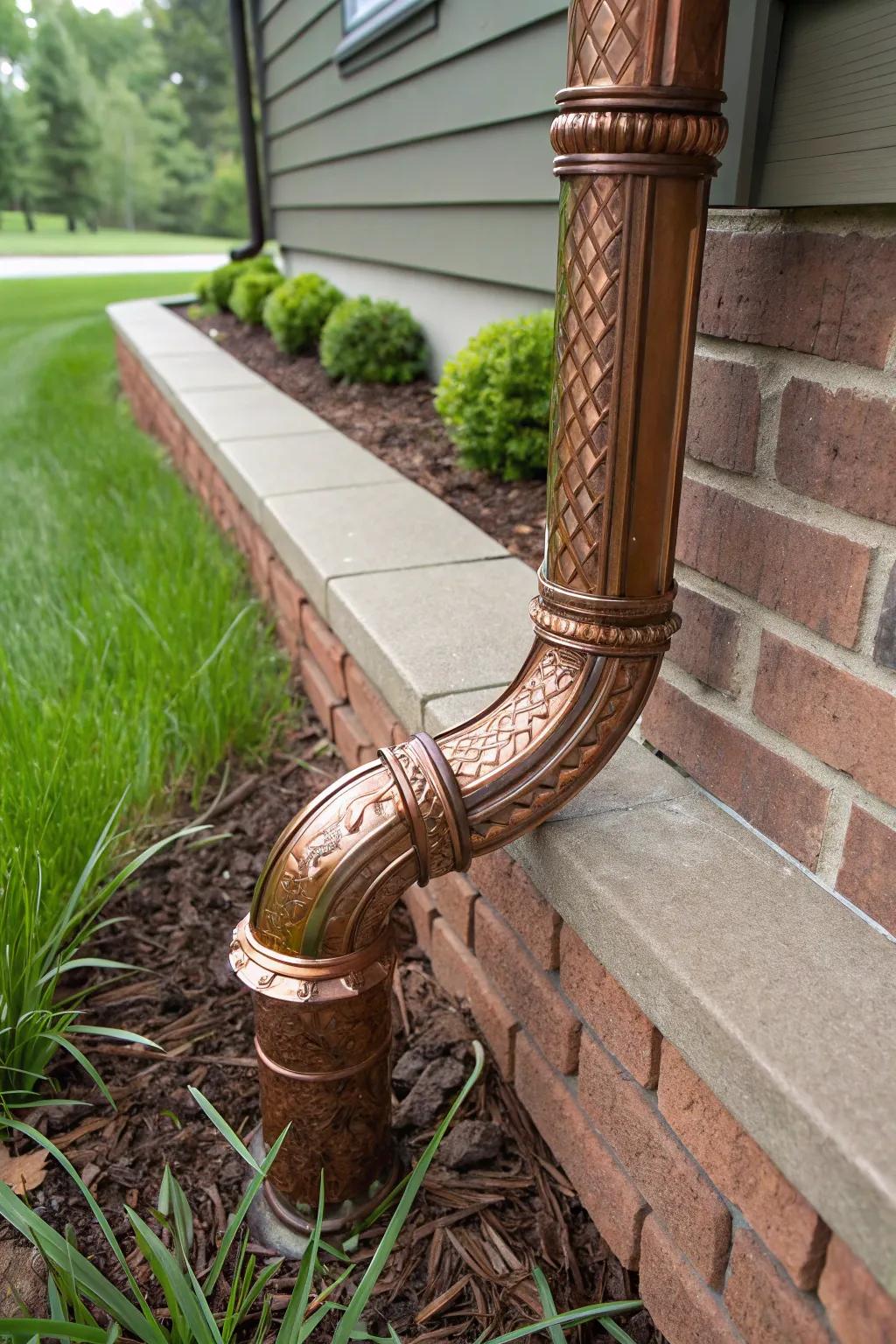 Redirect water in style: Handcrafted copper downspout extensions for a functional and aesthetic yard solution.