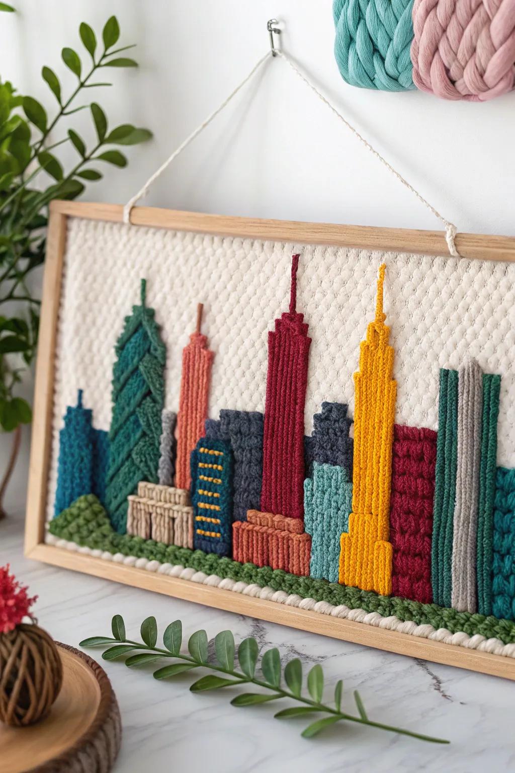 Explore the vibrant tapestry of urban life with this stunning yarn cityscape. Where craftsmanship meets creativity.