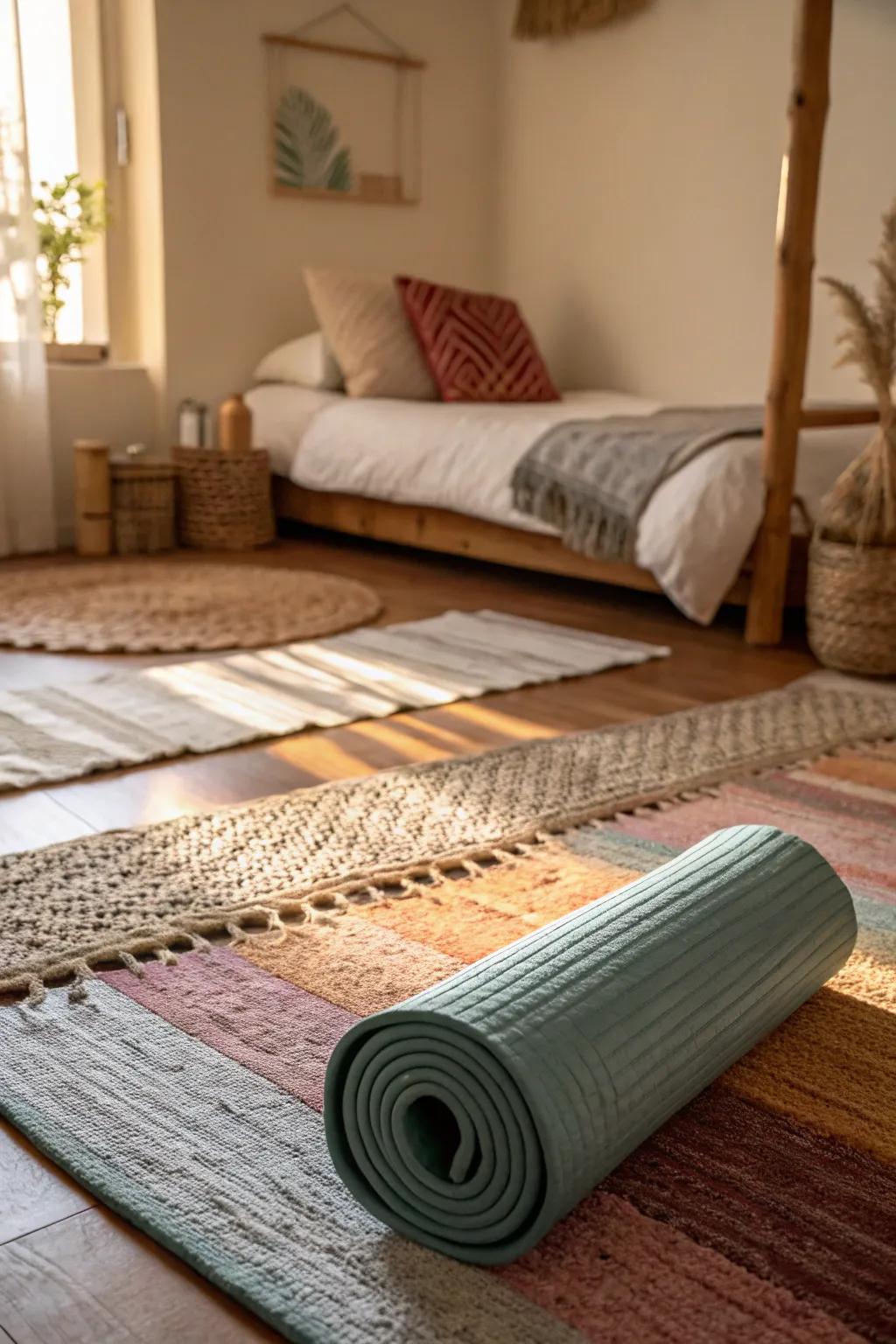 Layered rugs offer a cozy feel and visual interest.