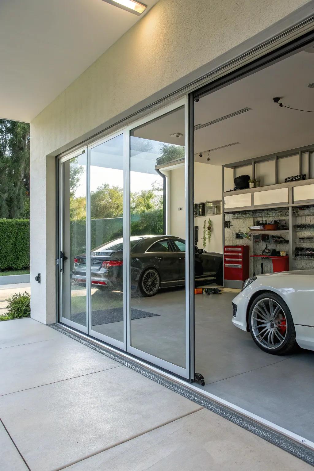 Transparent doors turn a garage into a bright, inviting space.