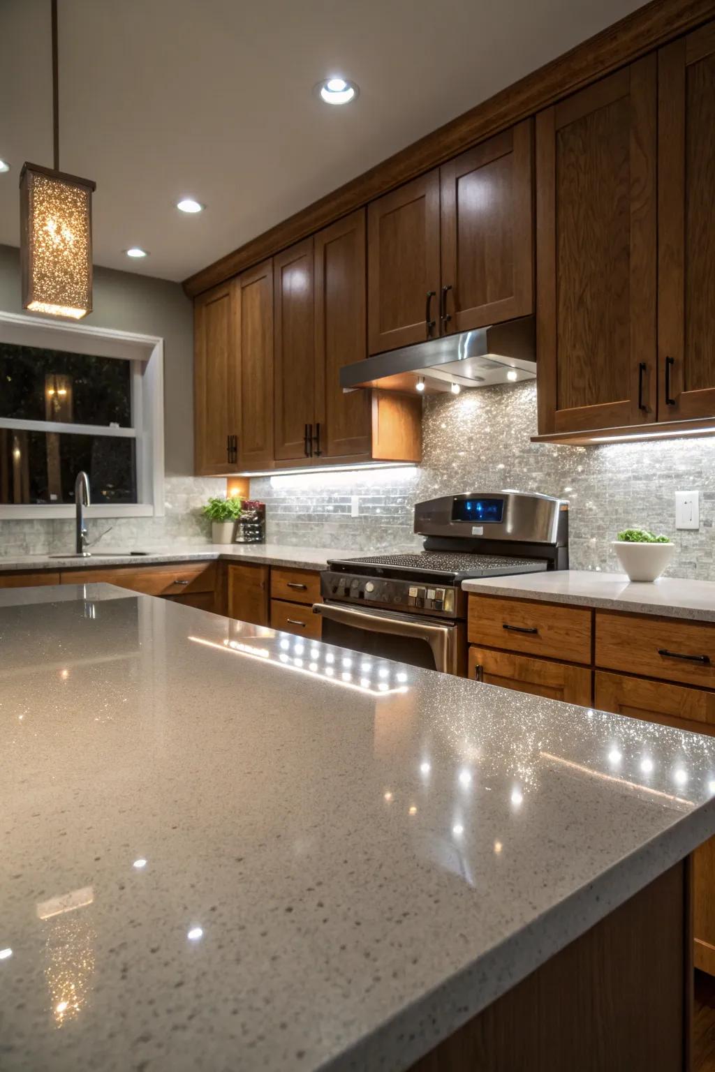 Strategic lighting emphasizes the intricate details of the quartz backsplash.