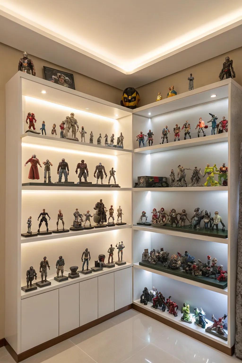 Tiered corner shelves make efficient use of room corners.
