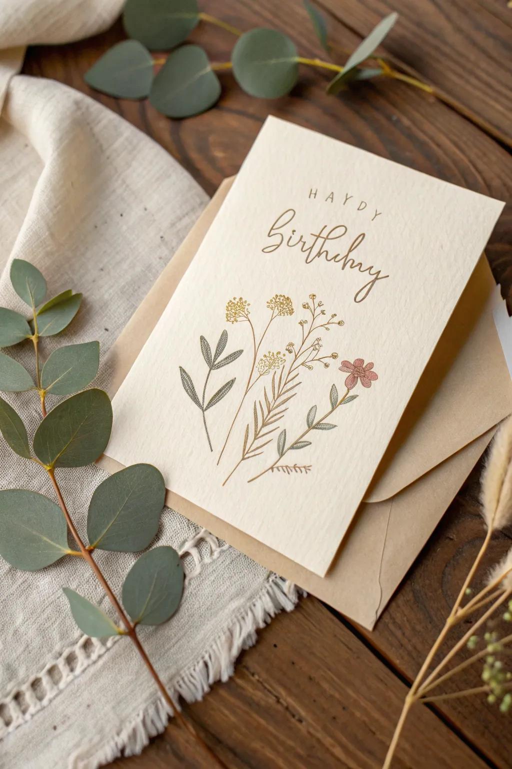 Crafted with care: A minimalist birthday card with a Boho twist, perfect for a touch of natural beauty.