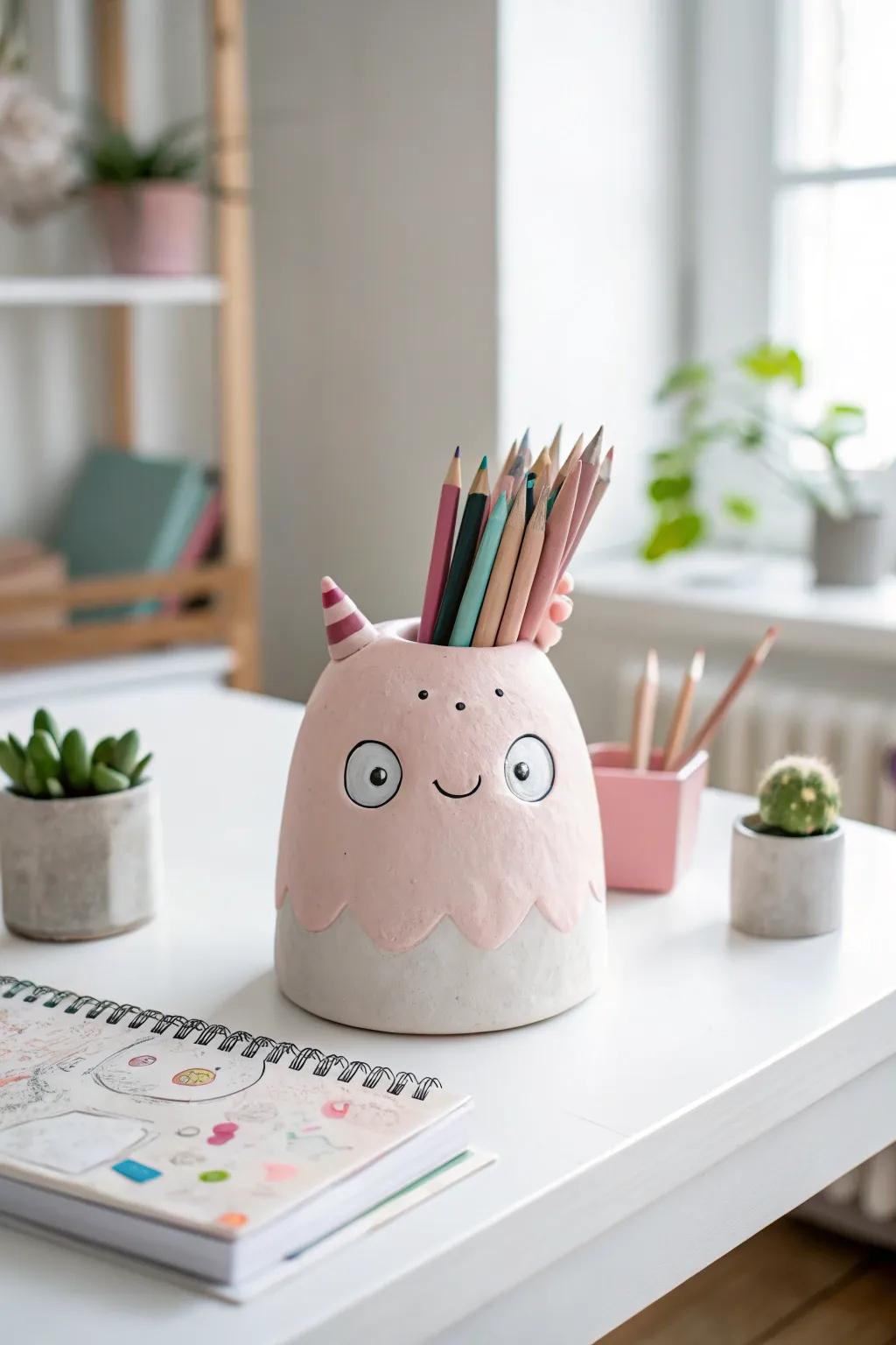 Add a touch of whimsy to your workspace with this charming clay monster pencil holder!