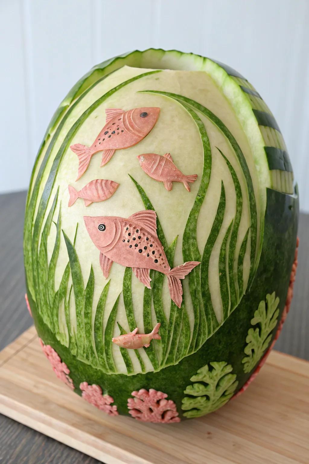 Dive into the art of watermelon carving with this enchanting underwater scene, perfect for adding a splash of creativity to your dinner party.