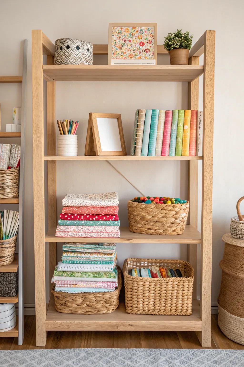 Transform your space with a minimalist touch: Repurpose your bookshelf into a chic craft supply haven.