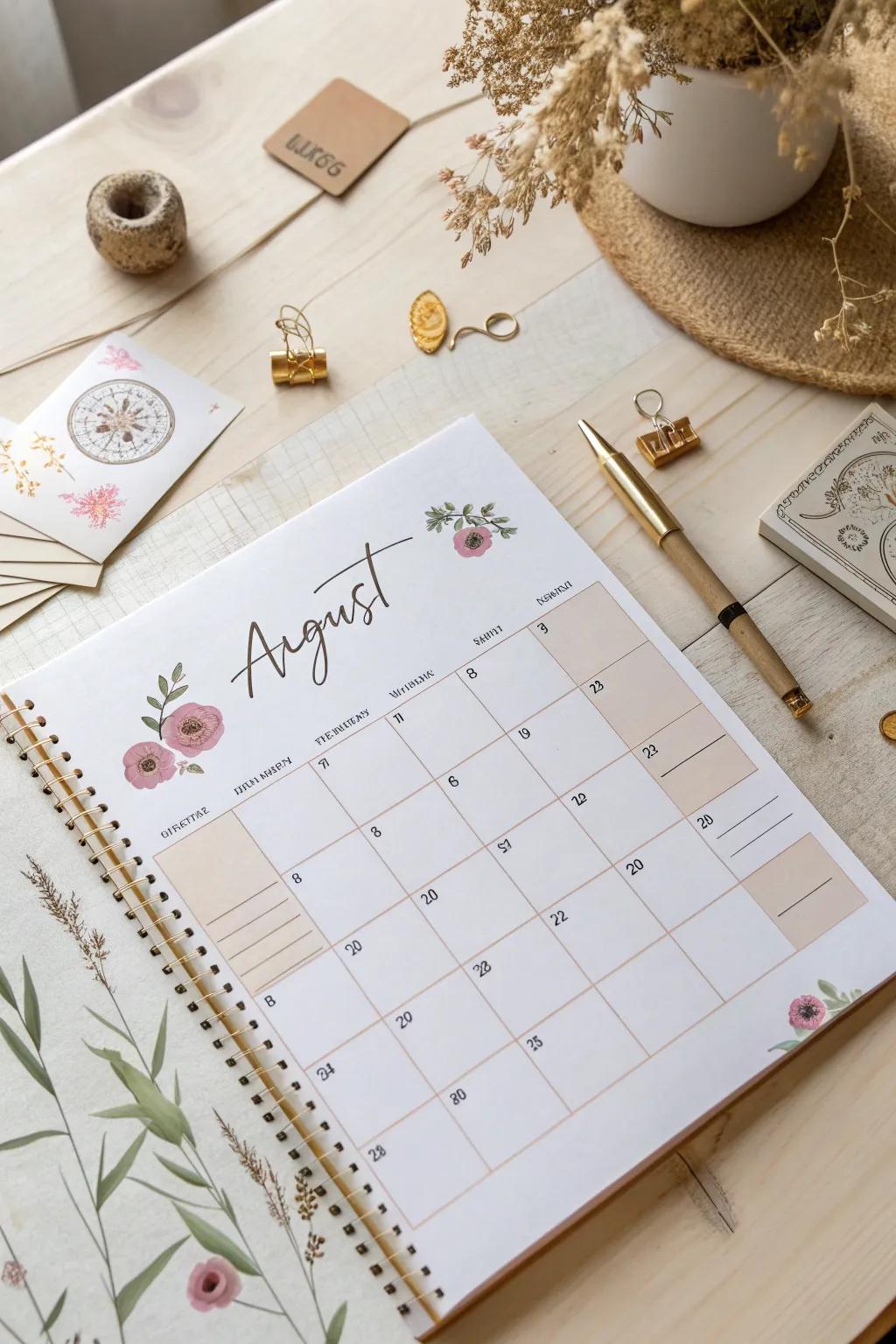 Add a touch of playfulness to your August calendar with interactive stickers and stamps, embracing simplicity and natural beauty.