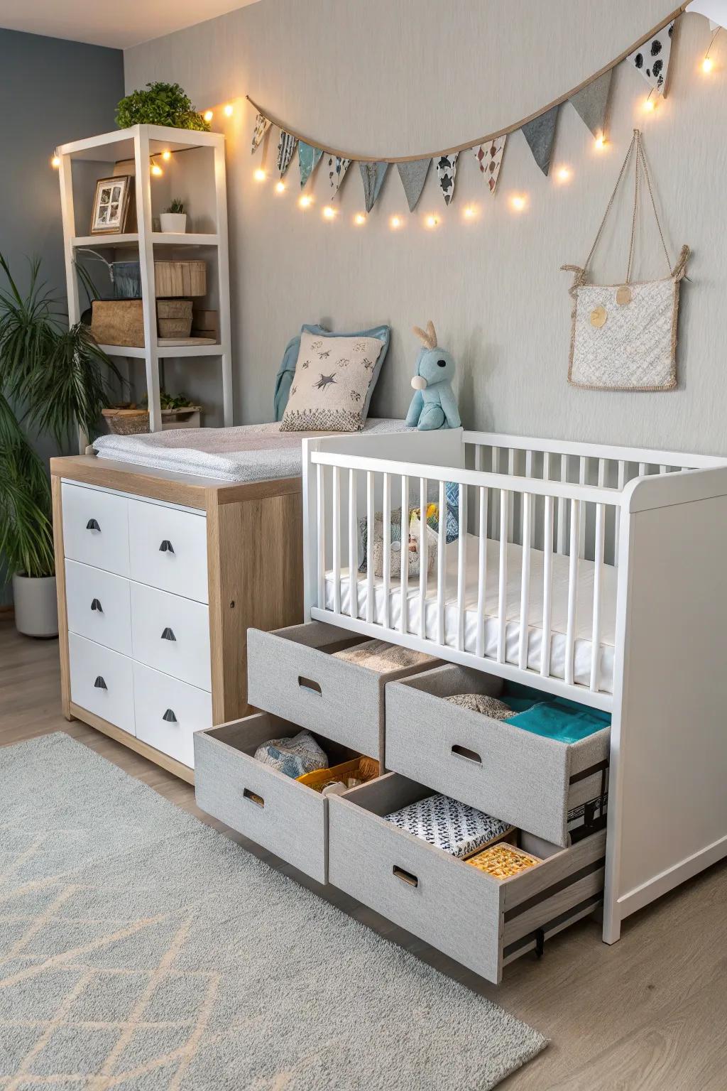 Creative storage solutions maintain an organized nursery.