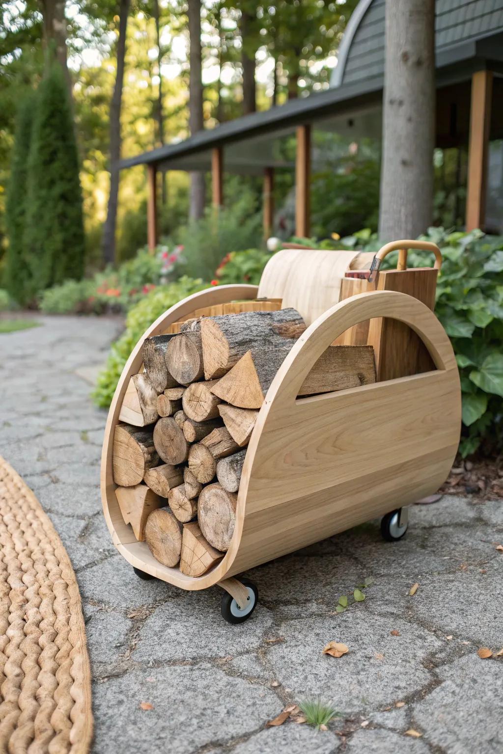 Elevate your outdoor space with this elegant DIY firewood cart, blending Scandinavian minimalism with boho charm.
