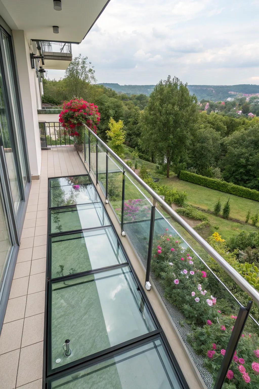 Glass panels offer a modern and striking balcony floor.