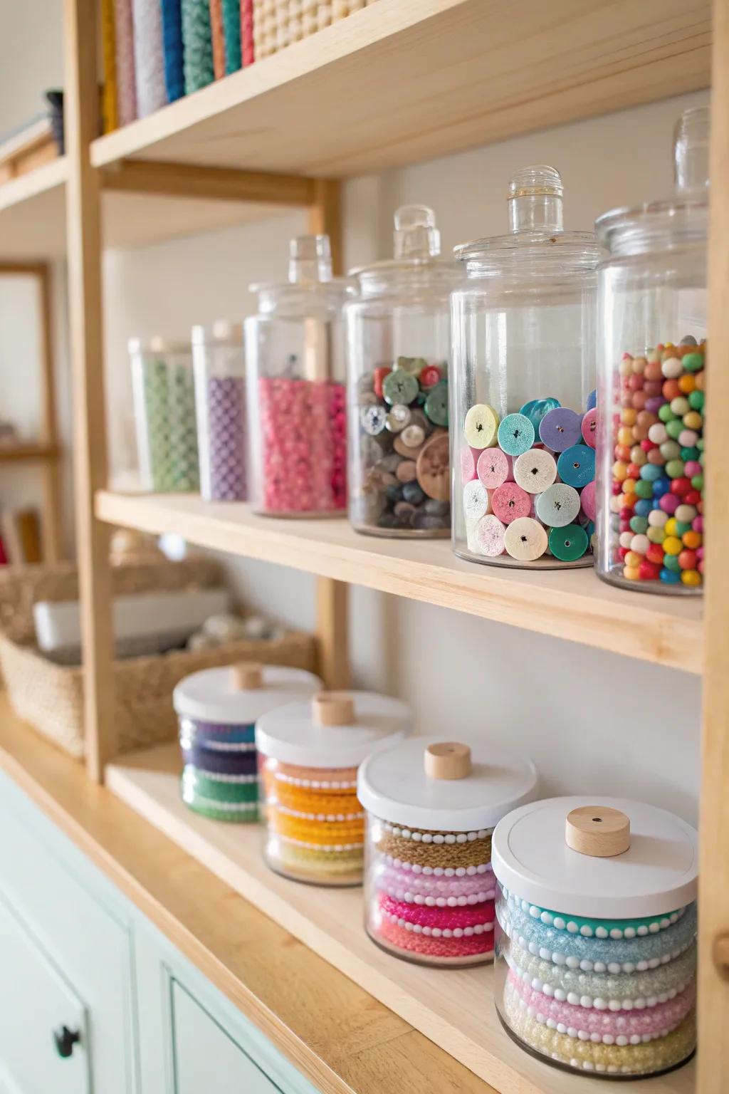 Elevate your craft room with clear storage: See your creativity at a glance. #MinimalistBeauty #CraftRoomInspo