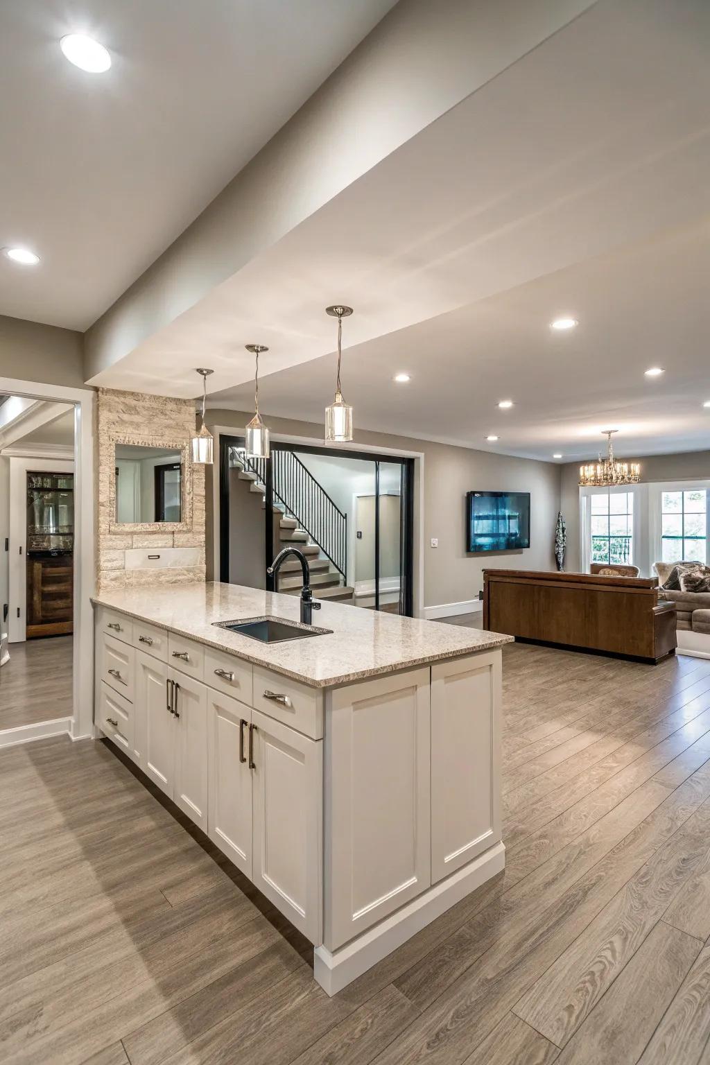 Mirrors enhance the sense of space around your basement island.