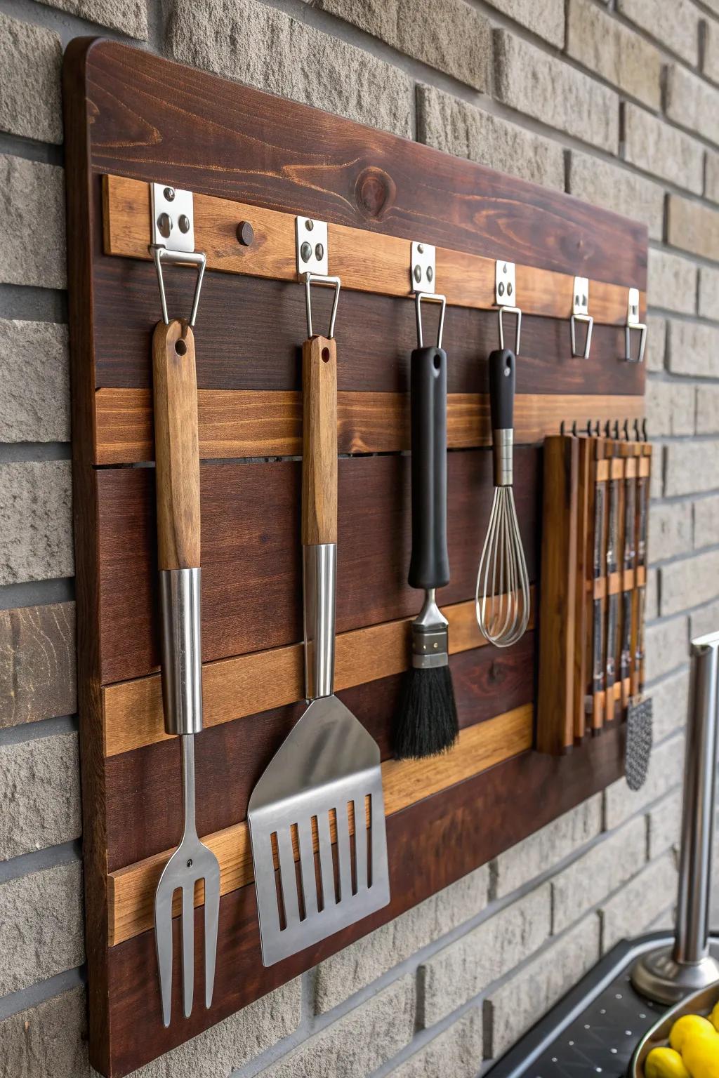 Elevate your BBQ setup with this sleek, wall-mounted storage solution that blends style with function.
