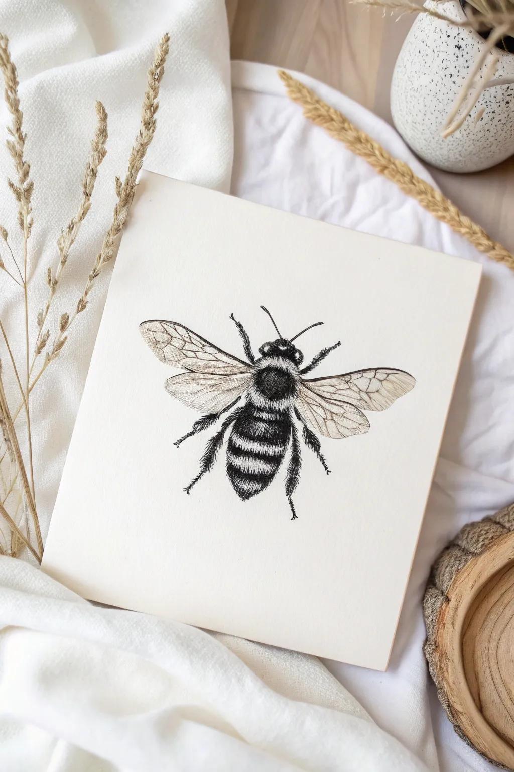 Monochrome Bee: Embrace the elegance of simplicity with this striking black and white bee art.