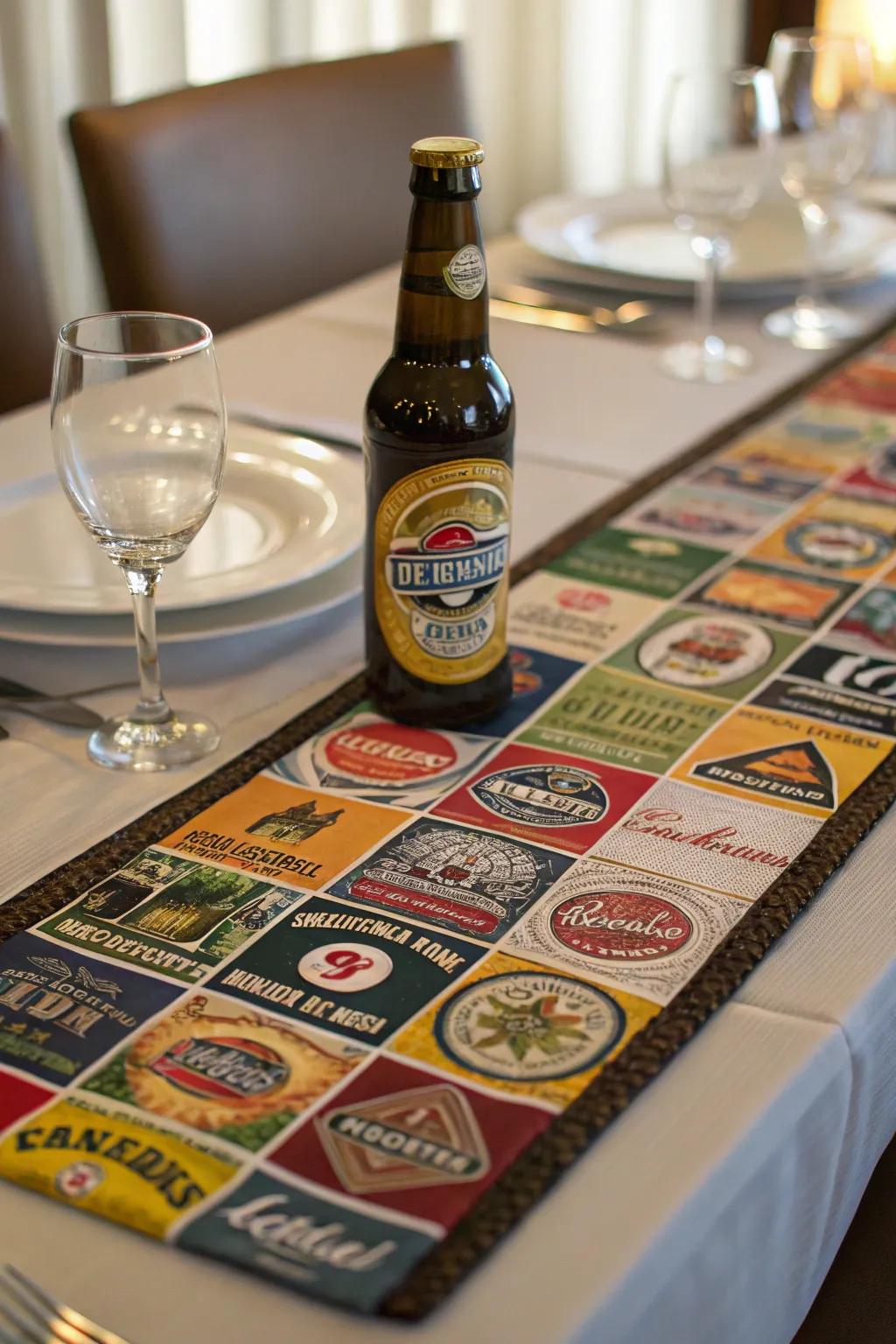 Beer label table runner adds a unique touch.