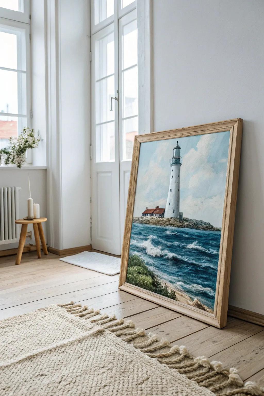 Capture nautical elegance with a minimalist lighthouse painting. Perfect for your next paint and sip session!