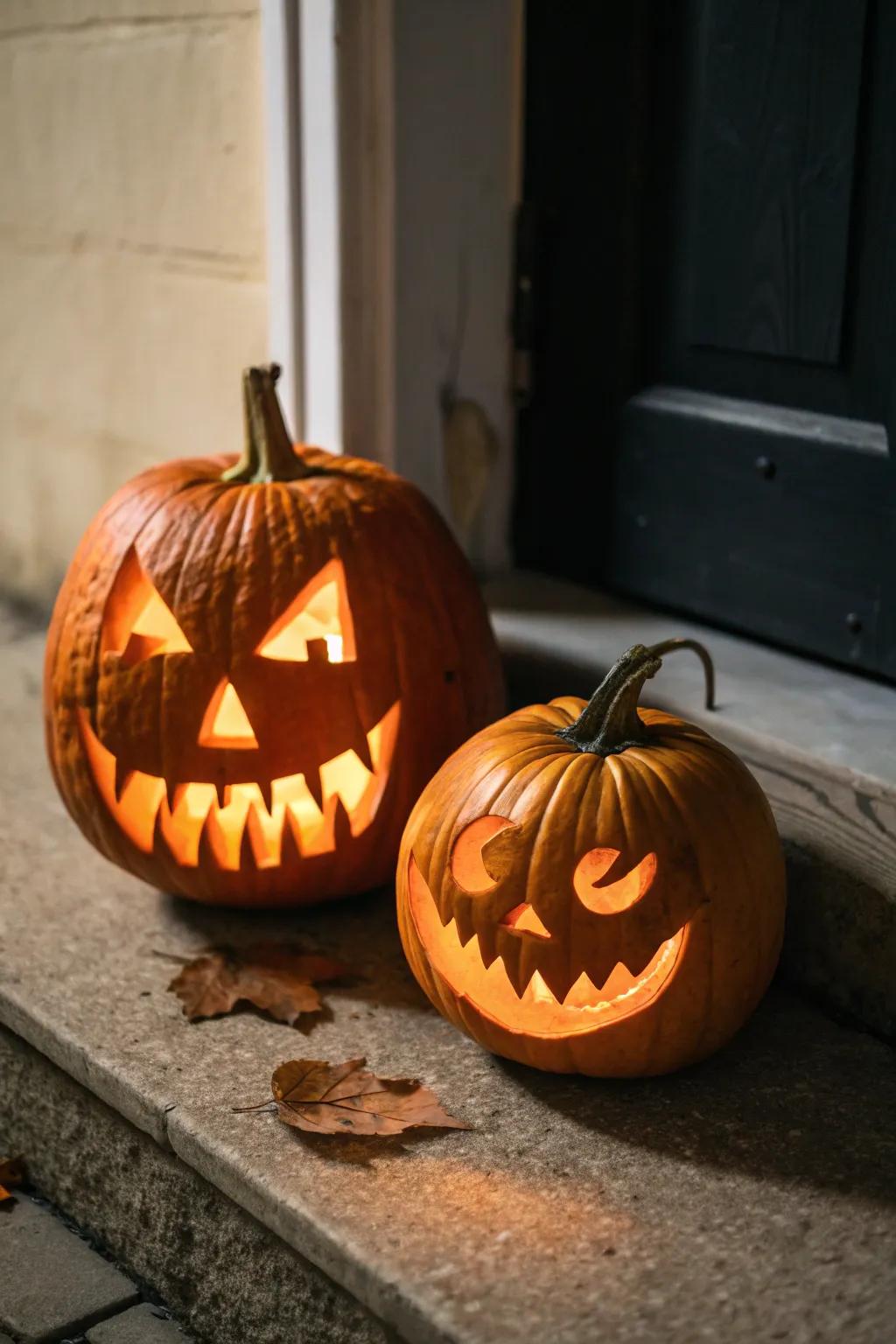 Sharp-toothed pumpkin duo creating a mischievous atmosphere.
