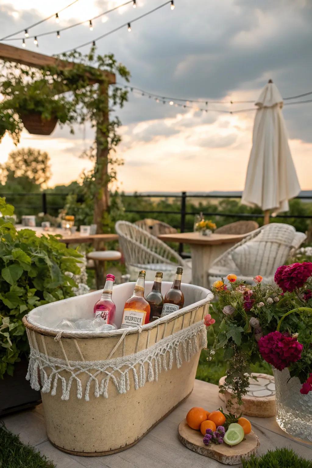 Boho-chic style with macrame accents on a beverage tub.