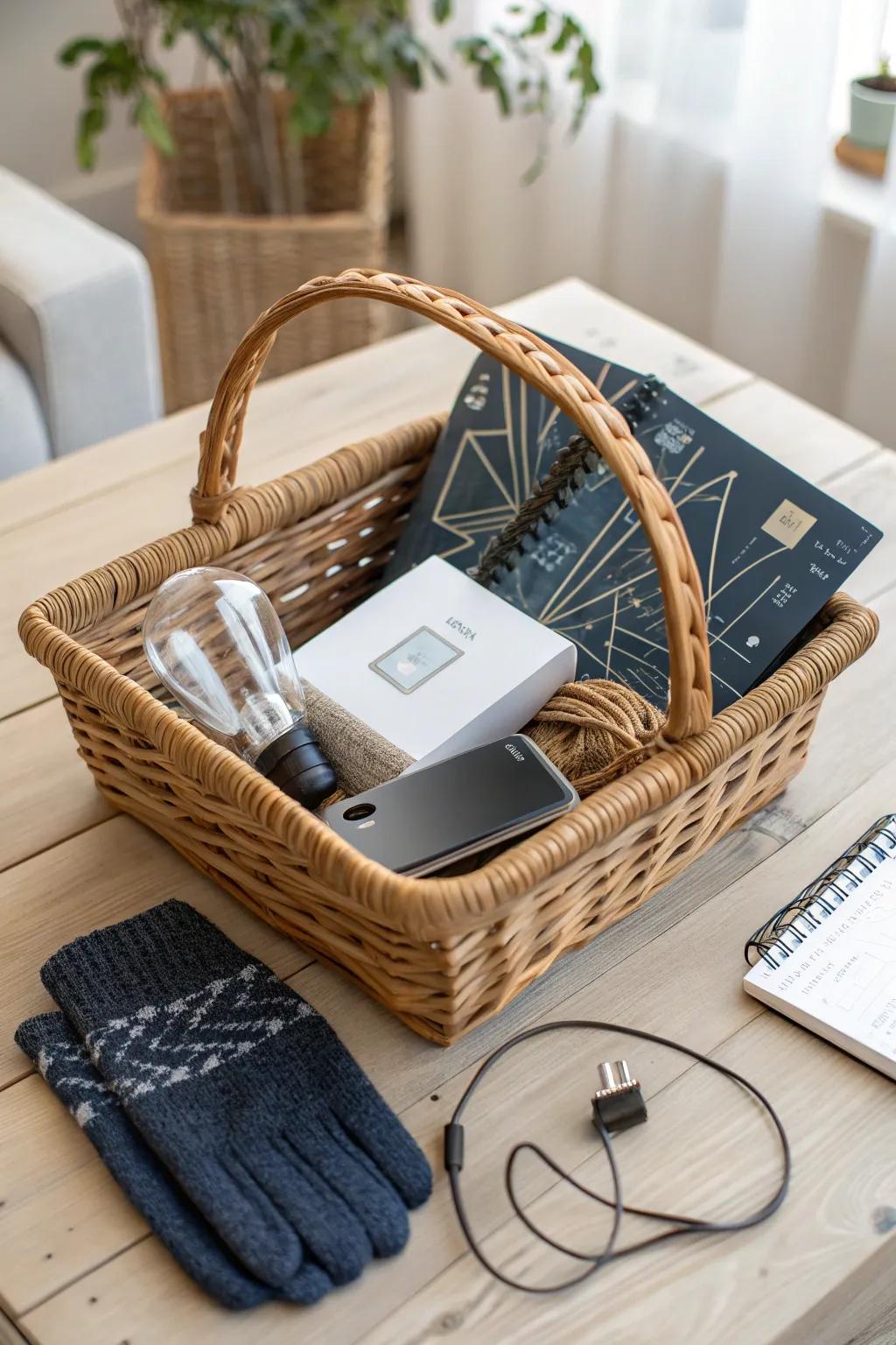 Elevate your gifting game with a tech-inspired birthday basket that perfectly blends functionality and style.